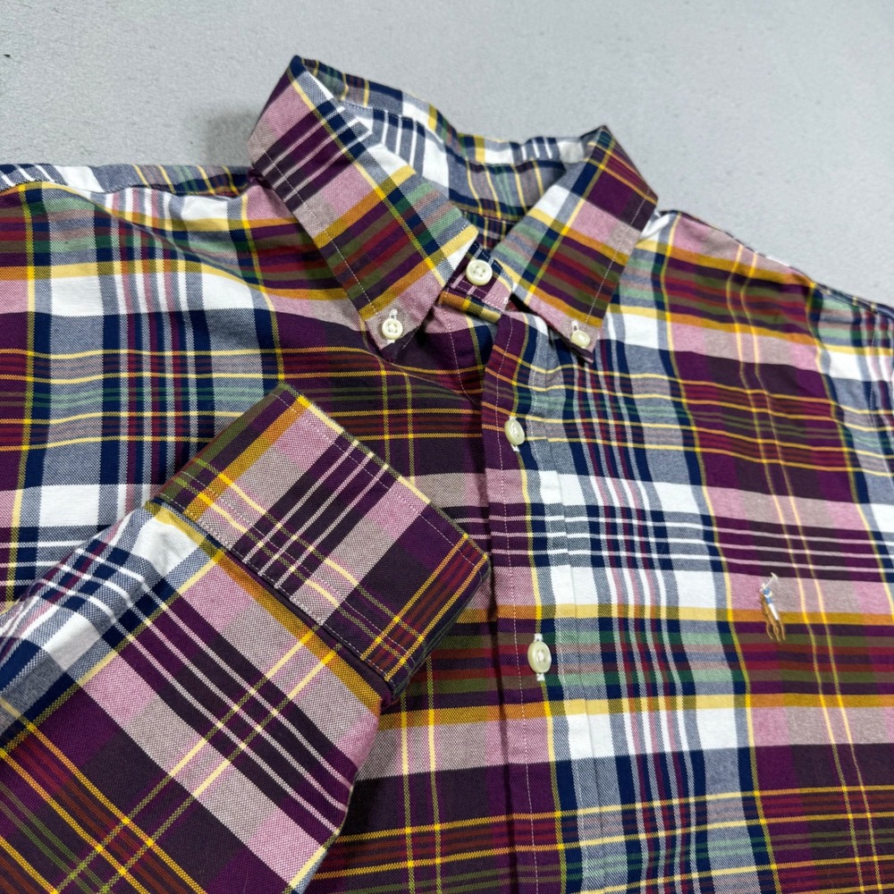 Polo Ralph Lauren Mens Classic Fit Plaid Button Down Shirt Purple Yellow Large